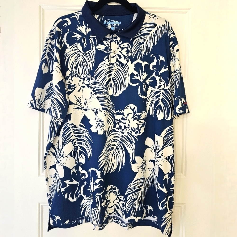 Chubbies Blue and White Floral 3 Button Polo Shirt Sz XL